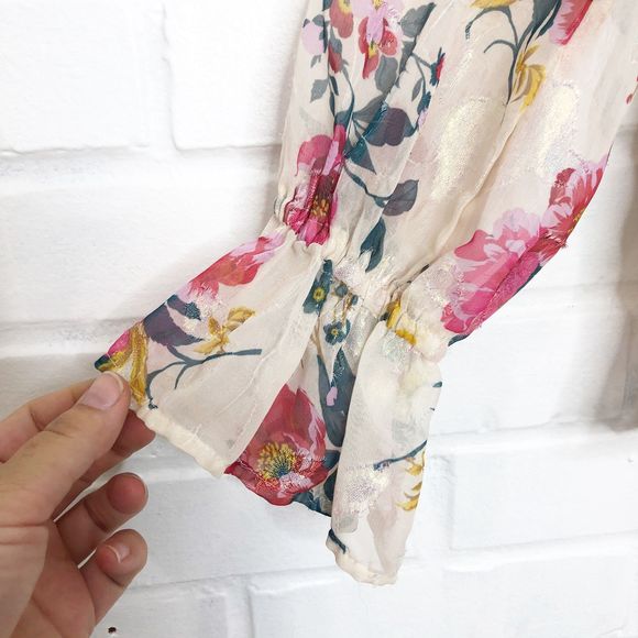 LOFT Floral Bell Cuff Blouse Floral Pink Gold Med - Picture 5 of 12